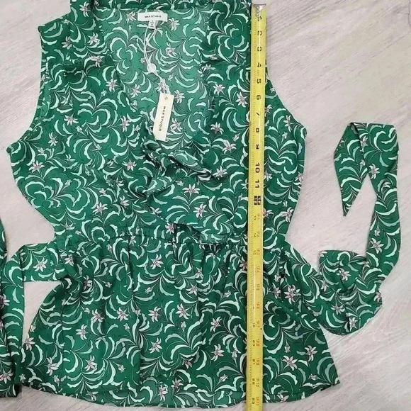 Max Studio Women's Floral Print Tie Front Ruffled Top Green Size Small - Picture 4 of 8